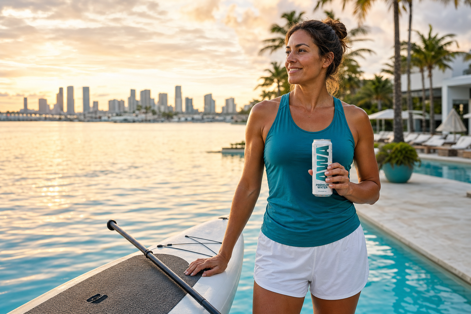 Woman enjoying AWA Premium Water after paddleboarding on the Miami waterfront