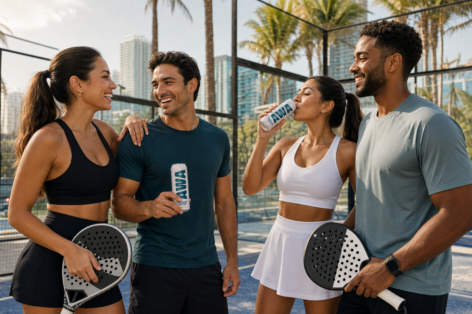 Friends drinking AWA Premium Water after playing padel in Miami